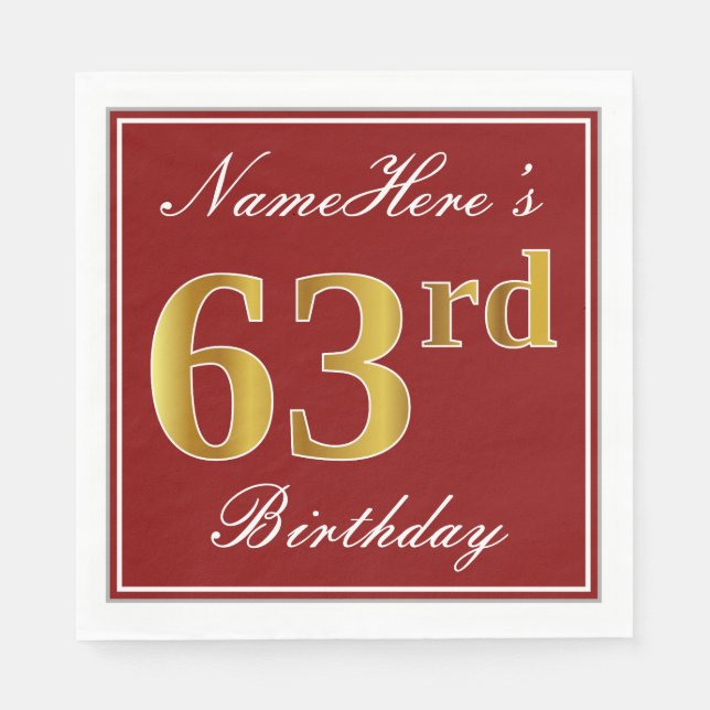 Serviette En Papier Rouge élégant, Faux Gold 63e anniversaire + Nom pe (Devant)