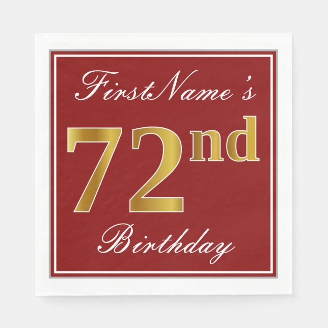 Serviette En Papier Rouge élégant, Faux Gold 72e anniversaire + Nom pe (Devant)