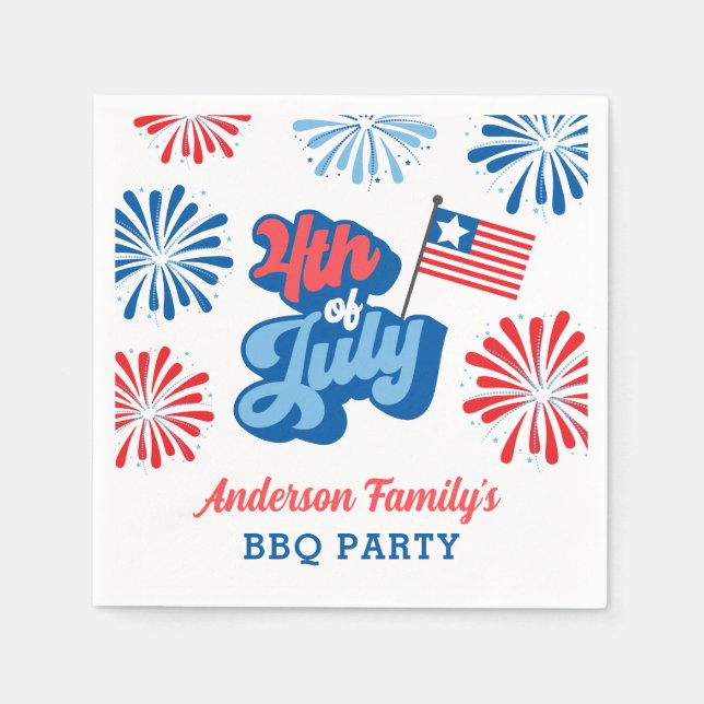 Serviette En Papier Rouge et bleu 4 juillet feux d'artifice Retro BBQ  (Devant)