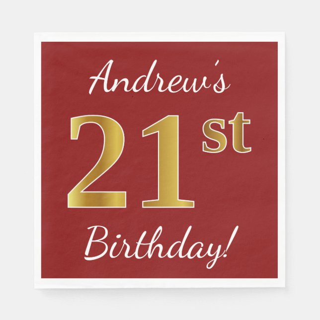 Serviette En Papier Rouge, Faux Gold 21e anniversaire + Nom personnali (Devant)