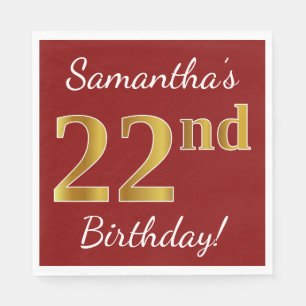 Serviette En Papier Rouge, Faux Gold 22e anniversaire + Nom personnali