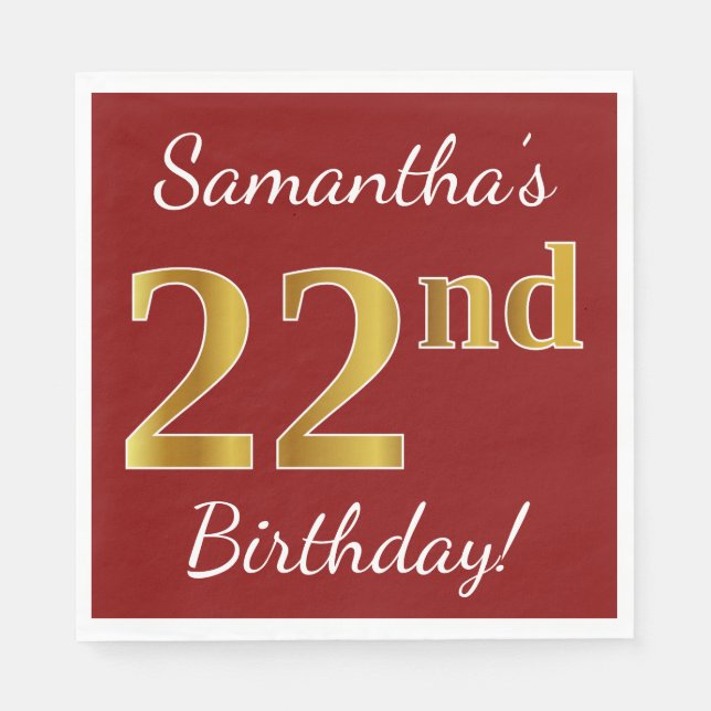 Serviette En Papier Rouge, Faux Gold 22e anniversaire + Nom personnali (Devant)