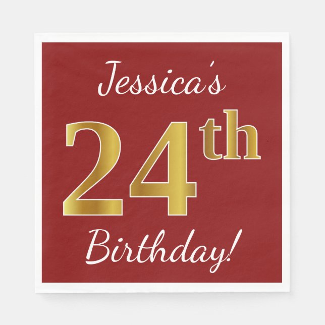 Serviette En Papier Rouge, Faux Gold 24e anniversaire + Nom personnali (Devant)