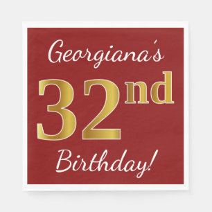 Serviette En Papier Rouge, Faux Gold 32e anniversaire + Nom personnali