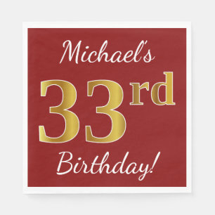 Serviette En Papier Rouge, Faux Gold 33e anniversaire + Nom personnali
