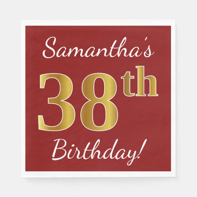 Serviette En Papier Rouge, Faux Gold 38e anniversaire + Nom personnali (Devant)