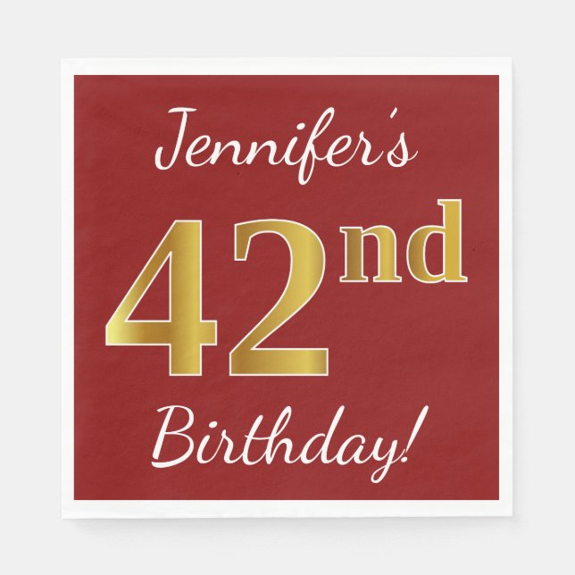 Serviette En Papier Rouge, Faux Gold 42e anniversaire + Nom personnali (Devant)