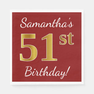 Serviette En Papier Rouge, Faux Gold 51e anniversaire + Nom personnali