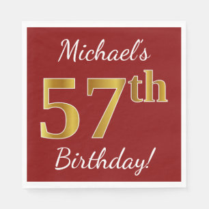 Serviette En Papier Rouge, Faux Gold 57e anniversaire + Nom personnali