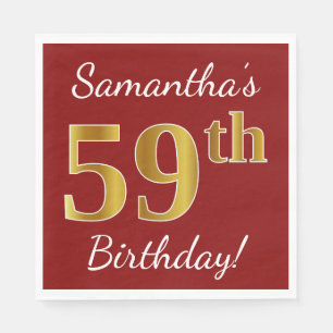 Serviette En Papier Rouge, Faux Gold 59e anniversaire + Nom personnali