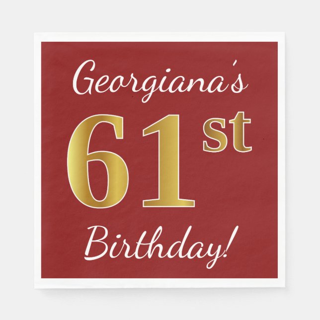 Serviette En Papier Rouge, Faux Gold 61e anniversaire + Nom personnali (Devant)