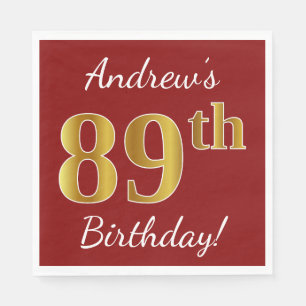 Serviette En Papier Rouge, Faux Gold 89e anniversaire + Nom personnali