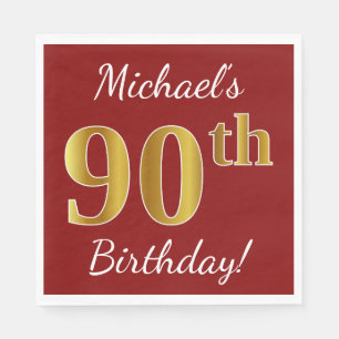 Serviette En Papier Rouge, Faux Gold 90e anniversaire + Nom personnali