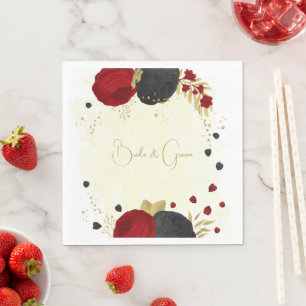 Serviette En Papier rouge foncé et fleurs noires or mariage