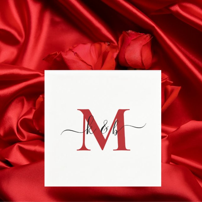 Serviette En Papier Rouge Monogramme Swash Script Cocktail blanc (Créateur téléchargé)