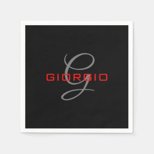 Serviette En Papier Rouge noir Votre nom Monogramme initial Moderne