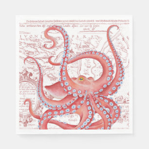 Serviette En Papier Rouge Octopus Carte Vintage Blanc