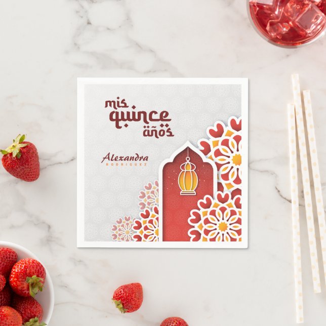 Serviette En Papier Rouge Orange Fleur Jaune Nuit Arabe Quinceañera (En situation)