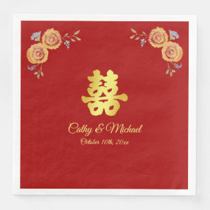 Serviette En Papier Rouge orange floral chinois mariage double bonheur