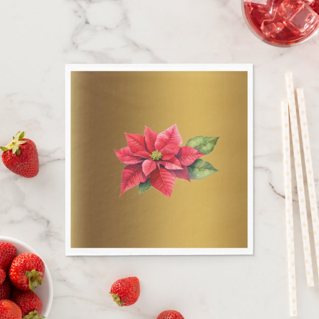 Serviette En Papier Rouge Poinsettia Couleur or brossé (En situation)