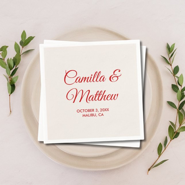 Serviette En Papier Rouge Romantique Script Mariage personnalisé servi (Red Romantic Script Personalized Wedding Napkins
)