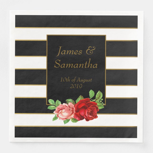 Serviette En Papier Rouge Rose, Noir, Blanc & Or - (Devant)