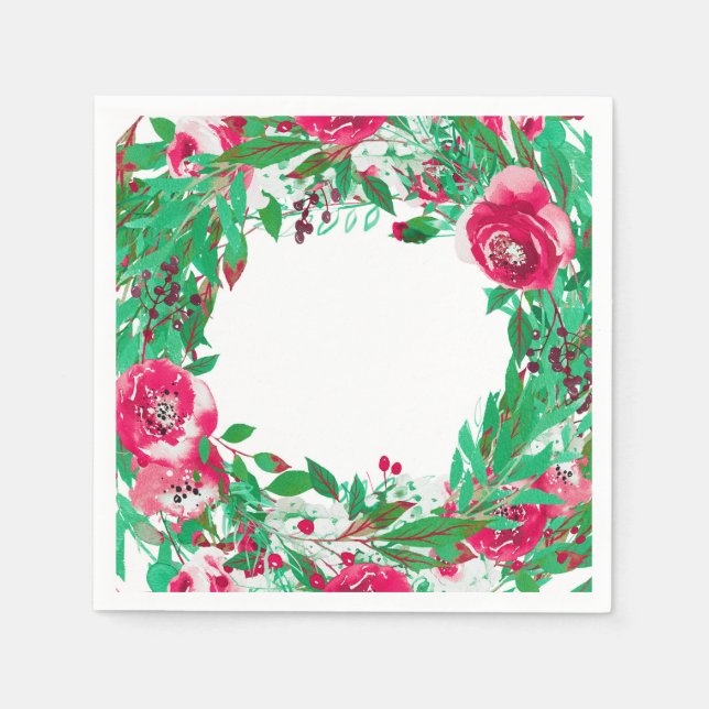 Serviette En Papier Rouge Vert Noël Fleurs florales Mariage (Devant)