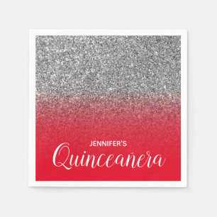 Serviette En Papier Rouge vif et argent paillettes ombré Quinceanera