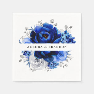 Serviette En Papier Royal Bleu Blanc Argent Métallo Mariage Floral