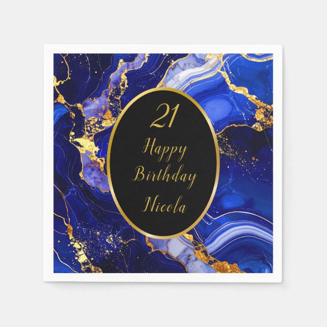 Serviette En Papier Royal Blue and Gold Marble Agate Anniversaire (Devant)