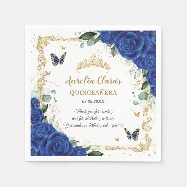 Serviette En Papier Royal Blue Floral Papillons Or Quinceañera 16 (Devant)