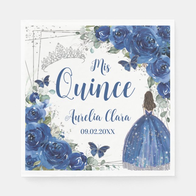 Serviette En Papier Royal Blue Floral Princess Silver Quinceañera (Devant)