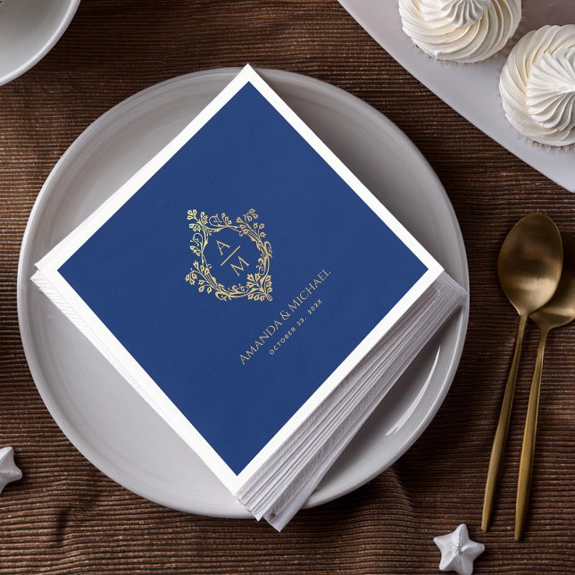 Serviette En Papier Royal Blue Monogram Crest Faux Gold Mariage (Créateur téléchargé)
