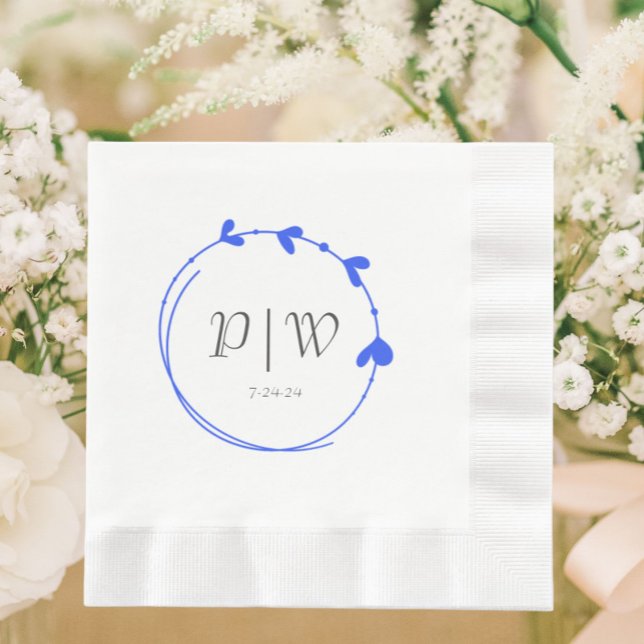 Serviette En Papier Royal Blue Simple Heart Wreath Monogram Mariage (In Situ Wedding)