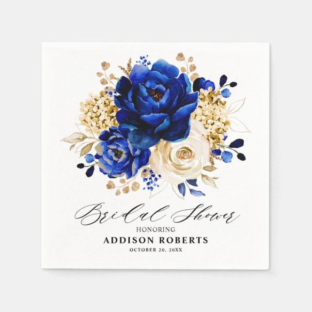 Serviette En Papier Royal Blue Yellow Gold Fête des mariées Florale (Devant)