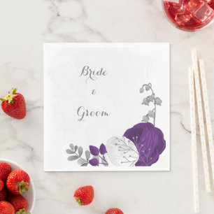 Serviette En Papier royal violet et fleurs blanches argent