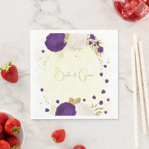 Serviette En Papier royal violet & fleurs blanches or mariage