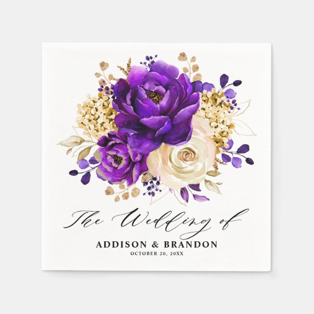 Serviette En Papier Royal violet violet or Floral Mariage botanique (Devant)