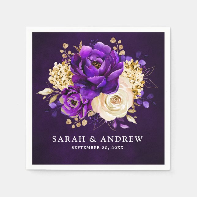 Serviette En Papier Royal violet violet or Floral Mariage botanique (Devant)