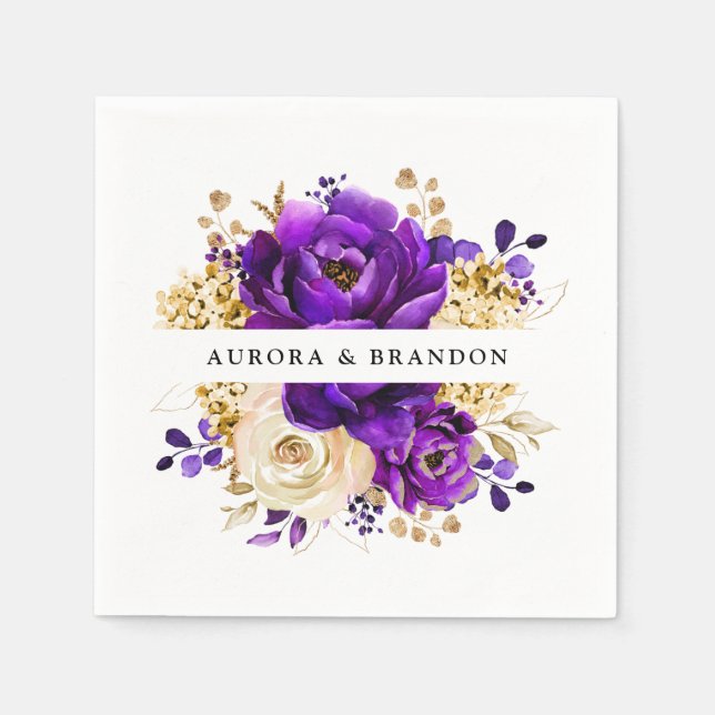 Serviette En Papier Royal violet violet or Floral Mariage botanique (Devant)