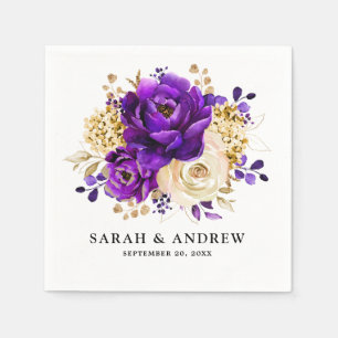 Serviette En Papier Royal violet violet or Floral Mariage botanique