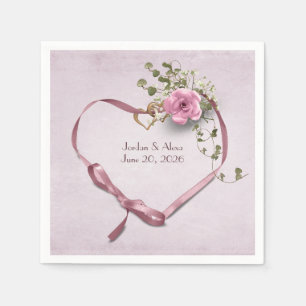 Serviette En Papier ruban de coeur mariage rose avec anneaux