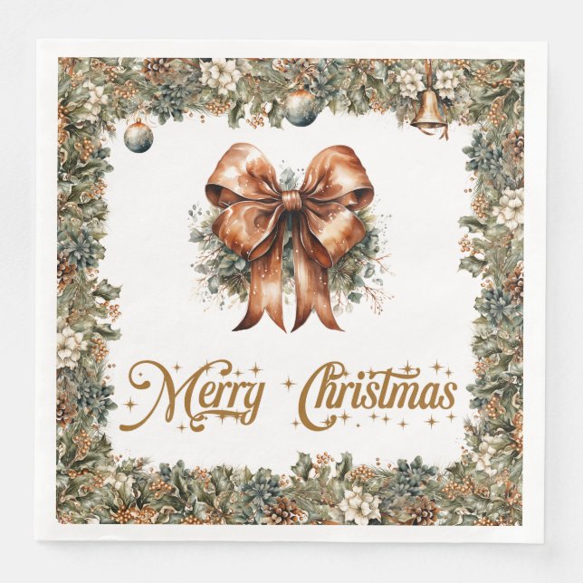 Serviette En Papier Ruban de Noël rustique classique à la sauge verte (Devant)