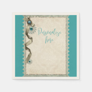 Serviette En Papier Ruban vintage de flocon de neige damé or turquoise