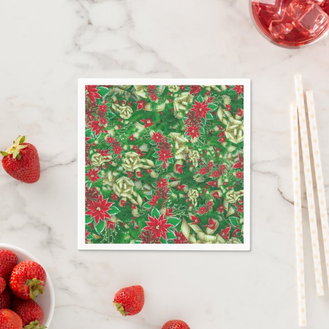 Serviette En Papier Rubans Feuille Poinsettia Fir Noël Floral | (En situation)