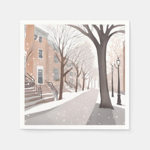 Serviette En Papier Rue de Brownstone   Aquarelle d'hiver enneigé