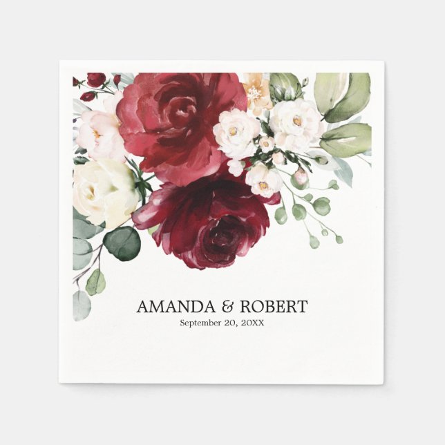 Serviette En Papier Russe Bourgogne Bourgogne Mariage Floral (Devant)