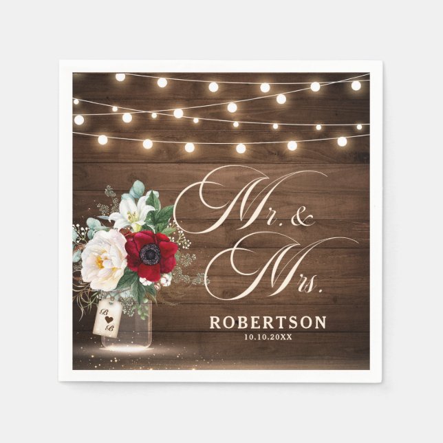 Serviette En Papier Russe Bourgogne Floral Mason Jar Mariage (Devant)