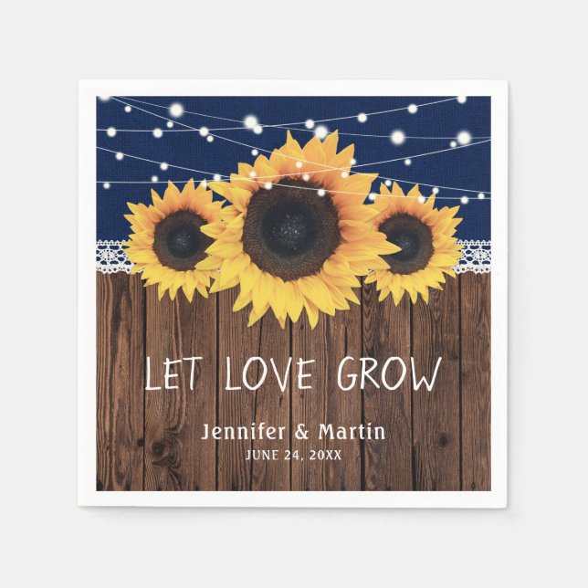 Serviette En Papier Russe Burlap de bois Tournesol Mariage bleu marine (Devant)