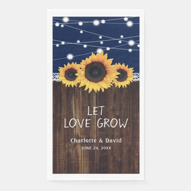 Serviette En Papier Russe Burlap Wood Sunflower Mariage bleu marine (Devant)